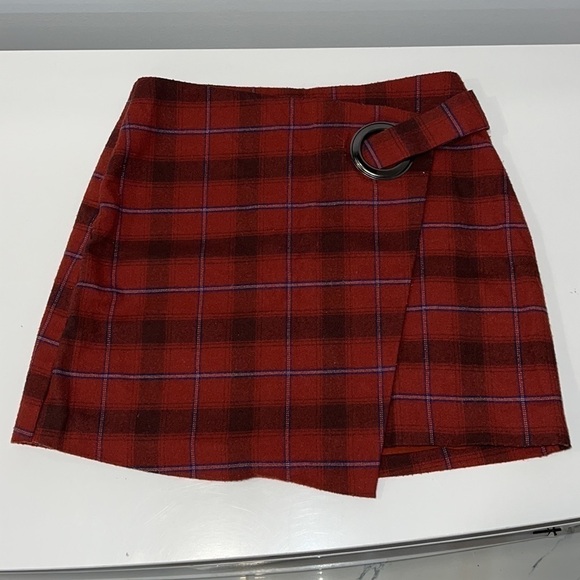 FREE PEOPLE Tessa Red Plaid Faux Wrap Mini Skirt Size 0 - Picture 3 of 14